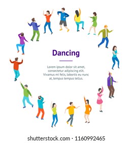 Isometric Dancing People Characters Banner Card Circle Music Party, Disco. Vector Illustration Of Dancers Persons