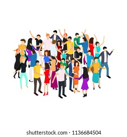 Isometric Dancing People Characters Crowd Circle Solo or Pairs on Music Party, Disco. Vector illustration of Dancers Persons