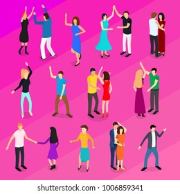 Isometric Dancing People Characters Icon Set Solo or Pairs on Music Party, Disco. Vector illustration of Dancers Persons
