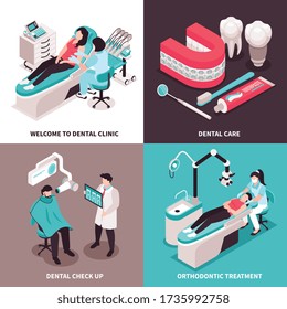 Concepto de diseño dantista isométrico con 2x2 de composiciones clínicas dentales con caracteres dentistas y equipamiento de ilustración vectorial