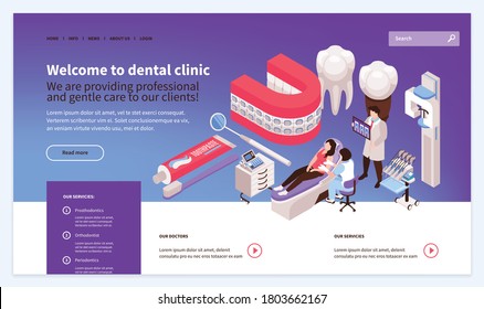 Isometric dantist website template design with dentists equipment images people clickable links buttons and editable text vector illustration