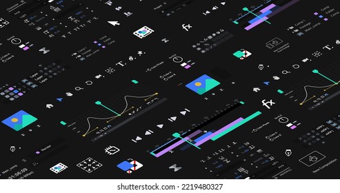 Ventanas isométricas de software de fondo oscuro para un diseñador de movimiento. Variedad de interfaces gráficas