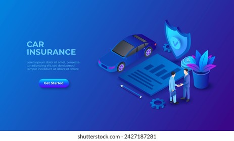 Isometric dark blue illustration. Car insurance design concept with car, shield and contract. Landing page template for web