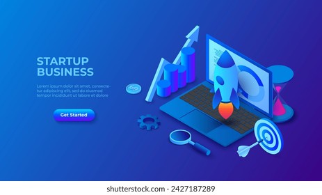 Isometric dark blue illustration. Startup business design concept with rocket, laptop and hourglass. Landing page template for web