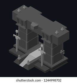 Isometric dark portal. 3d gates with swords. Grayscale construction. Game design sketch. Ruins. Closed portal.