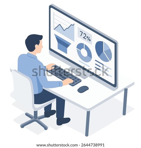 Isometric dashboard illustration with man analyzing data on screen with charts, KPIs and funnels. Perfect for SaaS, fintech, startup presentations and business strategy visuals.
