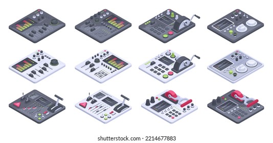Isometric dashboards, 3d spaceship control panels. Aircraft panel with controllers, buttons and sliders vector illustration collection. Toggle switches panel