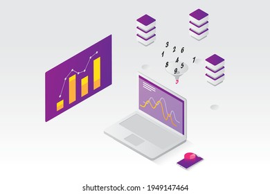 Isometric data analysis business icons set with laptop and office stationery vector illustration