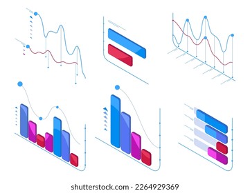 Isometric data analysis charts. Statistic diagram, 3d futuristic chart elements, infographic symbols illustration set