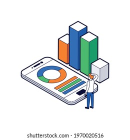 Isometric data analysis concept with colorful diagrams and smartphone vector illustration