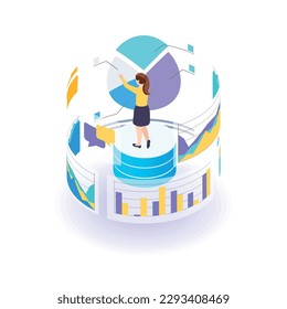 Isometric data analysis concept with female character analyzing charts on virtual screen 3d vector illustration