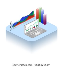 Isometric data analysis concept with graphs and charts. Infographics on a laptop and 3D projection on a table. Colored columns in 3d. Holographic graphics. EPS 10 vector isolated on white background.