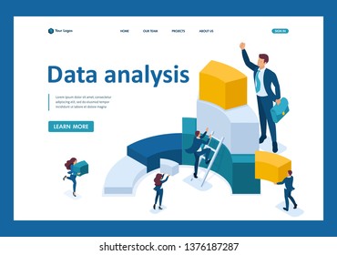Isometric Data for analysis, creating charts, businessmen carry information. Template Landing page