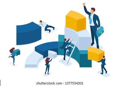 Isometric Data for analysis, creating charts, businessmen carry information. Concept for web design.