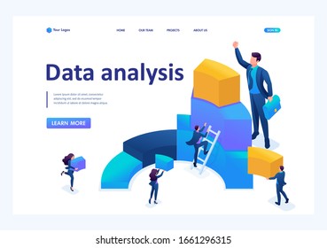 Isometric Data for analysis, creating charts, businessmen carry information. Landing page concepts and web design.