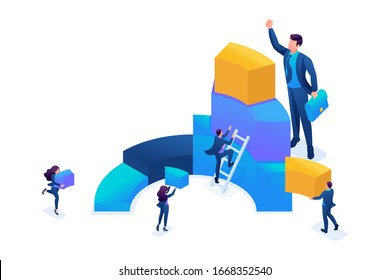 Isometric Data for analysis, creating charts, businessmen carry information. Concept for web design