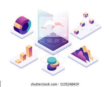 Isometrische Datenanalyse. Moderne digitale Grafiken und Diagramme analysieren Statistiken. Vektorgrafik 3D