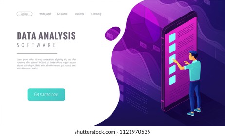 Isometric data analysis software landing page concept. A business analyst and charts graphics of data analytics statistics on smartphone screen in violet color. Vector ultraviolet background Isometric data analysis software landing page concept. A business analyst and charts graphics of data analytics statistics on smartphone screen in violet color. Vector ultraviolet background