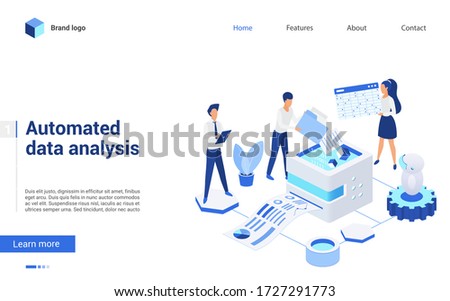 Isometric data analysis vector illustration. Website interface 3d design with cartoon business analyst people working on financial report, analyzing finance statistics. Automated database technology