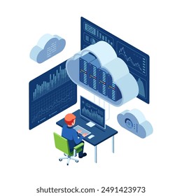 Isometric Data Analyst Monitoring Cloud Computing Data.  Cloud Computing Concept