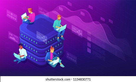 Isometric data analyst team working on laptops near the big database. Big data analysis, market trends needs research examining data sets vector 3D isometric illustration on ultraviolet background.