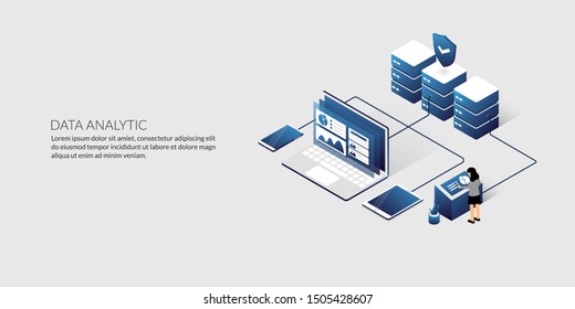 Isometric data analytic background and security data center concept