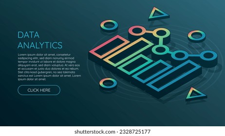 Isometric data analytics chart with rainbow gradient on blue background. Extended with different shapes