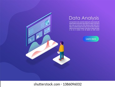 Isometric data analytics concept banner. Can use for web banner, infographics, hero images. Flat isometric vector illustrations with trendy gradients