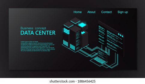 Centro de datos isométricos. 3d concepto isométrico gran centro de datos con servidor. Ilustración vectorial creativa de la sala de rack del servidor. Ilustración vectorial de alta tecnología.