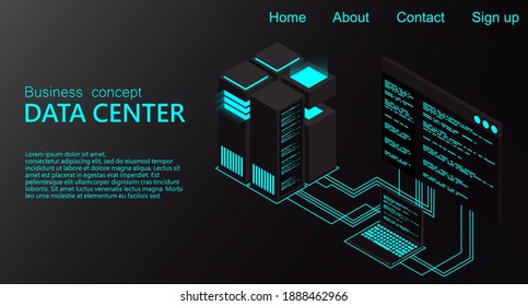 Isometric Data center. 3d isometric concept big data center with server. Creative vector illustration of server rack room. High technology vector illustration.