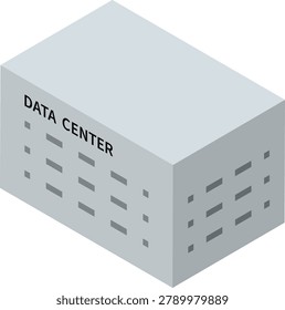 Isometric data center building exterior in gray flat vector style. Modern technology infrastructure illustration for AI, cloud computing, server hosting, cybersecurity, big data, digital network, and internet systems.