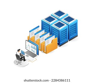 Isometric data center concept. Cloud storage and hosting. Vector illustration