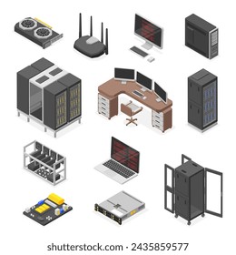 Isometric data center elements. Digital technologies, computers and monitors. Server equipment, router and components. Cloud service, flawless vector set