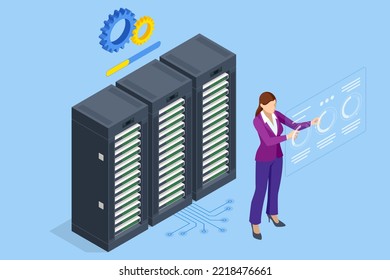 Isometric Data Center Equipment . Modern Telecommunications, Artificial Intelligence, Supercomputer Technology Concept. Computer Storage .