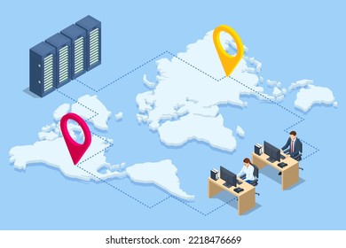 Isometric Data Center Equipment . Modern Telecommunications, Artificial Intelligence, Supercomputer Technology Concept. Computer Storage .