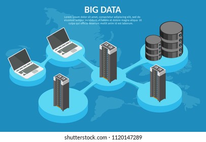 Isometric data center infographic. Computer room server and technology communications background.