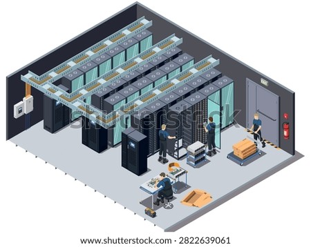 Isometric Data Center Installation with IT Technicians and Server Rack Assembly