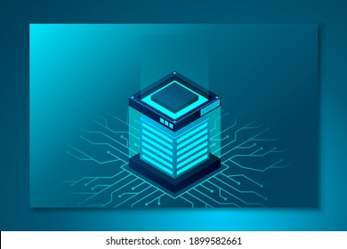 Isometric Data center landing page. Isometric servers vector design. Enterprise hosting solutions concept. Big modern data center, server room, cloud data storage files service