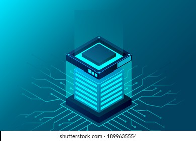 Página de inicio del centro de datos isométrico. Diseño vectorial de servidores isométricos. Concepto de soluciones de hospedaje empresarial. Gran centro de datos moderno, sala de servidores, servicio de archivos de almacenamiento de datos en la nube