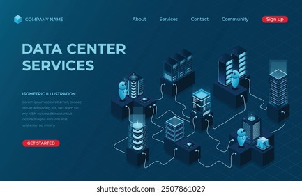 Isometric data center landing page concept. Networking, database, cloud storage. Digital technology website landing page. Vector illustration