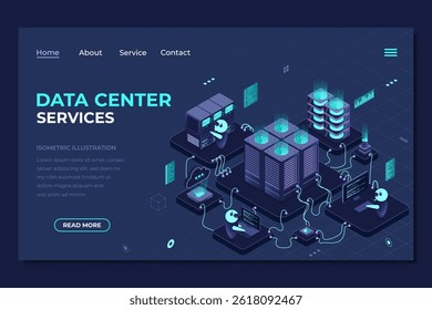 Isometric data center landing page. Networking, database, cloud storage. Digital technology website landing page. Isometric technology