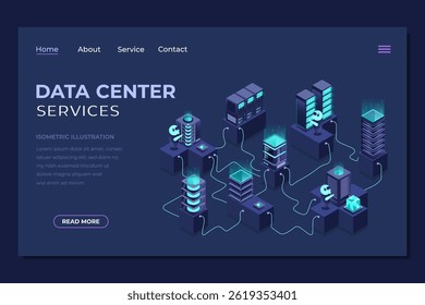 Isometric data center landing page. Networking, database, cloud storage. Digital technology website landing page. Isometric technology