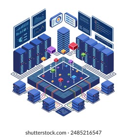 Isometric Data Center Network with Analytics Displays. Big Data Analytics Concept.