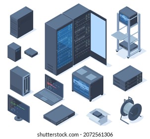 Isometric data center, network technology and hosting servers equipment. Network server room, cloud database station vector illustration set. Computer network technology server isometric