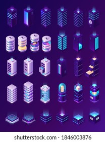 Isometric data center, server room equipment, hardware racks or web hosting infrastructure icons isolated on ultraviolet background, database storage technology, cloud computing services 3d vector set