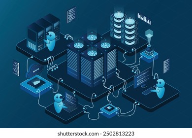 Centro de datos isométricos o sala de servidores. Red de conexión del centro de datos. Almacenamiento en la nube. Concepto isométrico de alta tecnología. Ilustración vectorial