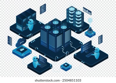 Centro de datos isométricos o sala de servidores. Red de conexión del centro de datos. Almacenamiento en la nube. Concepto isométrico de alta tecnología. Ilustración vectorial