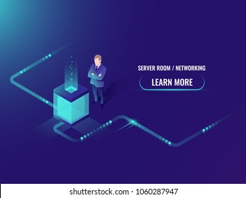 Isometric data center, vector big data processing and storage, information guarding, man system administrator in server room illustration Isometric data center, vector big data processing and storage, information guarding, man system administrator in server room illustration