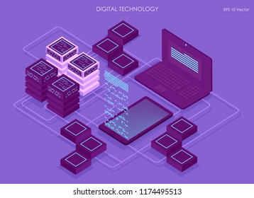 Isometric data center, vector information processing and storage. Concept of big data processing, creative illustration with abstract geometric elements.