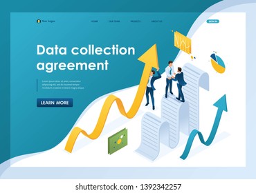 Isometric data collection agreement, businessmen collect information and structure it. Template landing page.